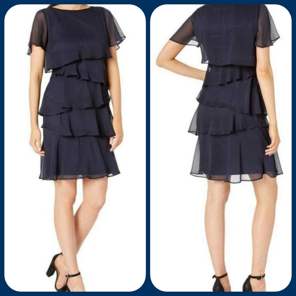 💙Tahari💙 - Navy Tiered Ruffle Chiffon Dress